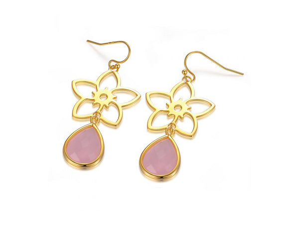 Frangipani Flower Earrings – Rose Quartz, Yellow Gold
