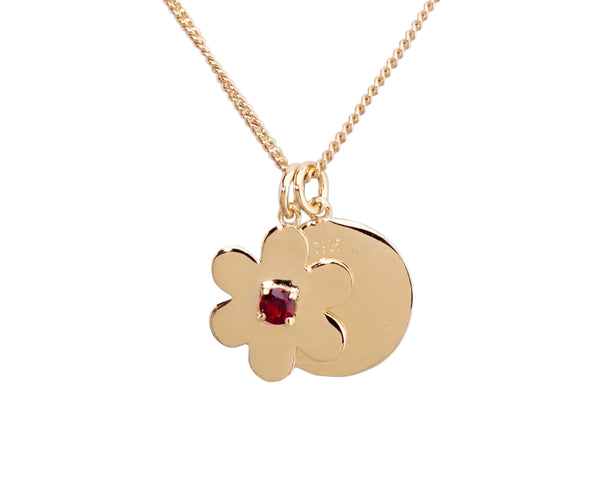 Flower Disc Necklace – Red Garnet, Yellow Gold