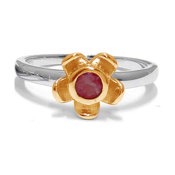 Forget Me Not Ring – Red Garnet, Yellow Gold