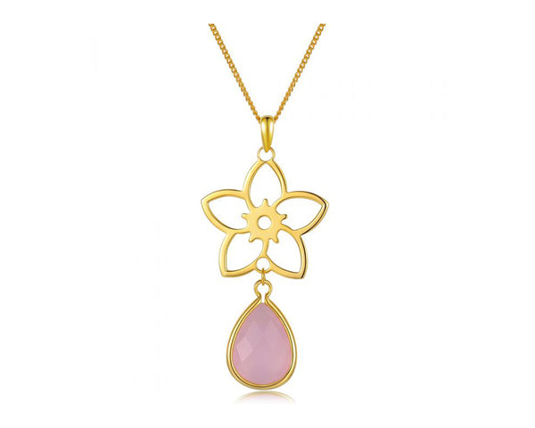 Frangipani Flower Necklace – Rose Quartz, Yellow Gold